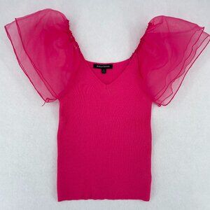 Jealous Tomato Top M Hot Pink Ribbed Knit Organza Puff Sleeve Barbiecore